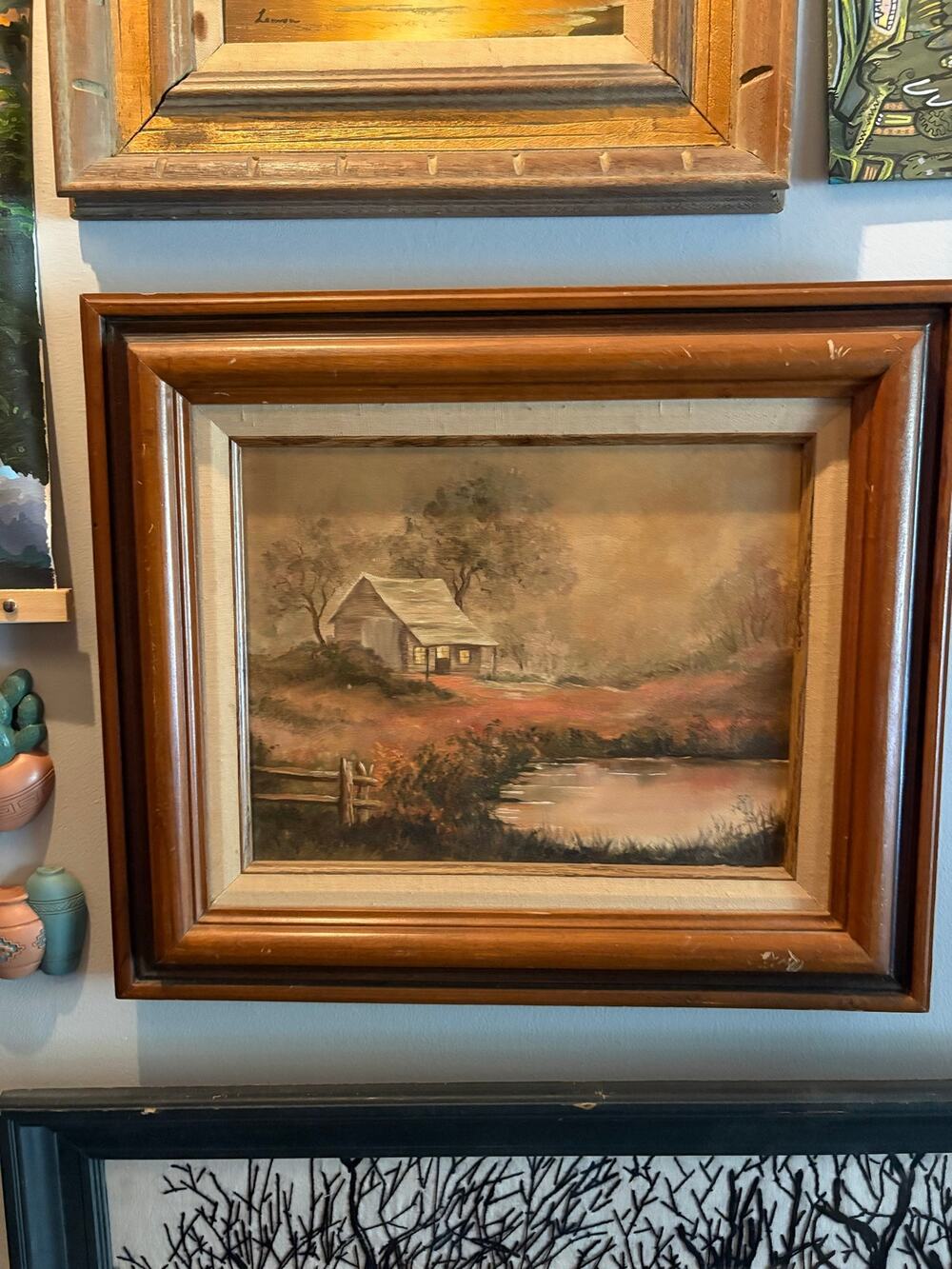 VTG Cottage Framed Canvas Oil Painting Cottagecore Farmhouse Art Decor